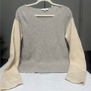 Vince Two-Tone V-Neck Sweater in Gray and Cream
